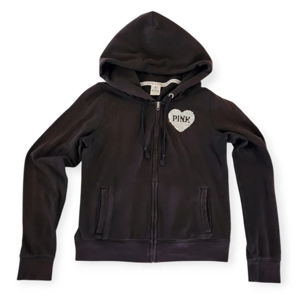 Victoria Secret PINK - Black Full Zip Hoodie With Silver Sequins Women's Large - Picture 2 of 7